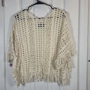Step In Style 100% Cotton Crochet Fringe Boho Poncho Top Cream One Size